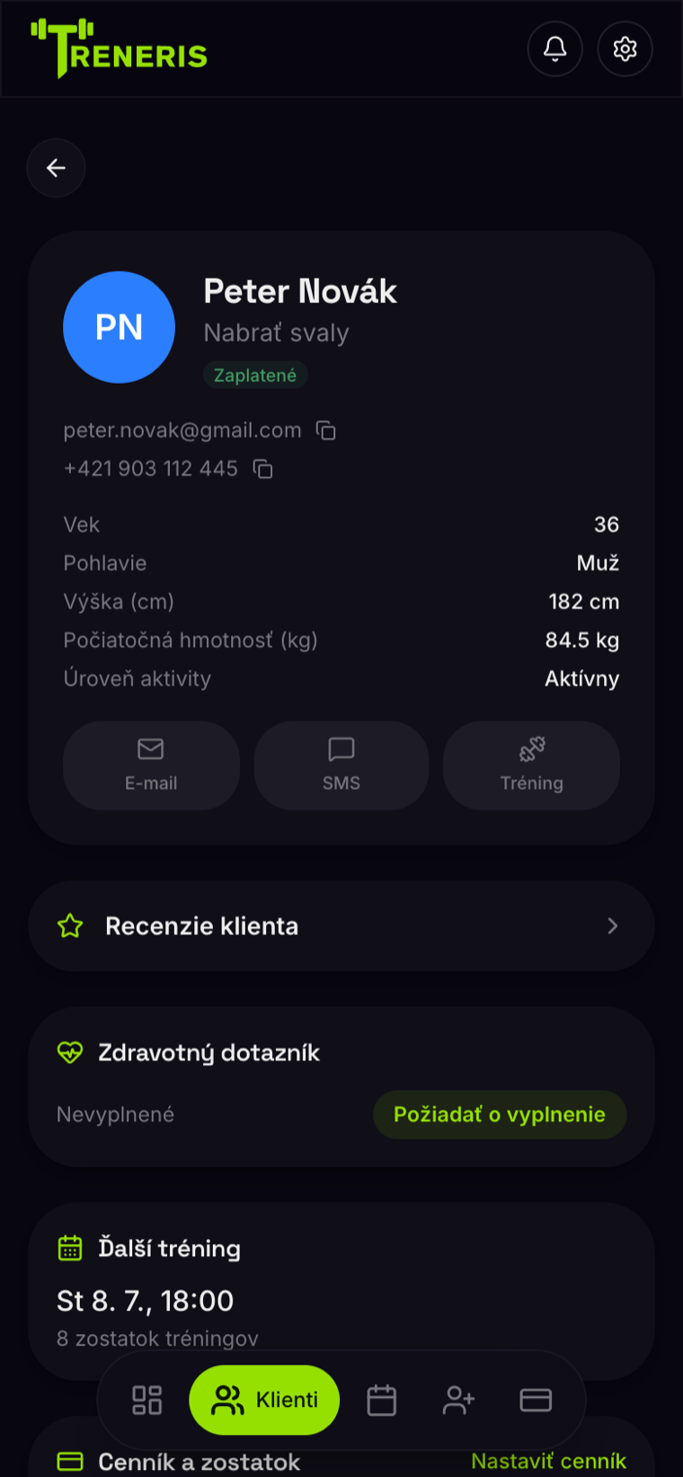 Client detail in Treneris