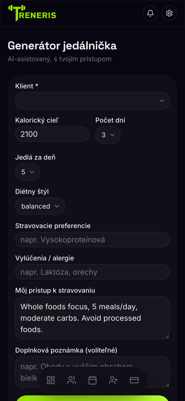 AI meal plan generator in Treneris